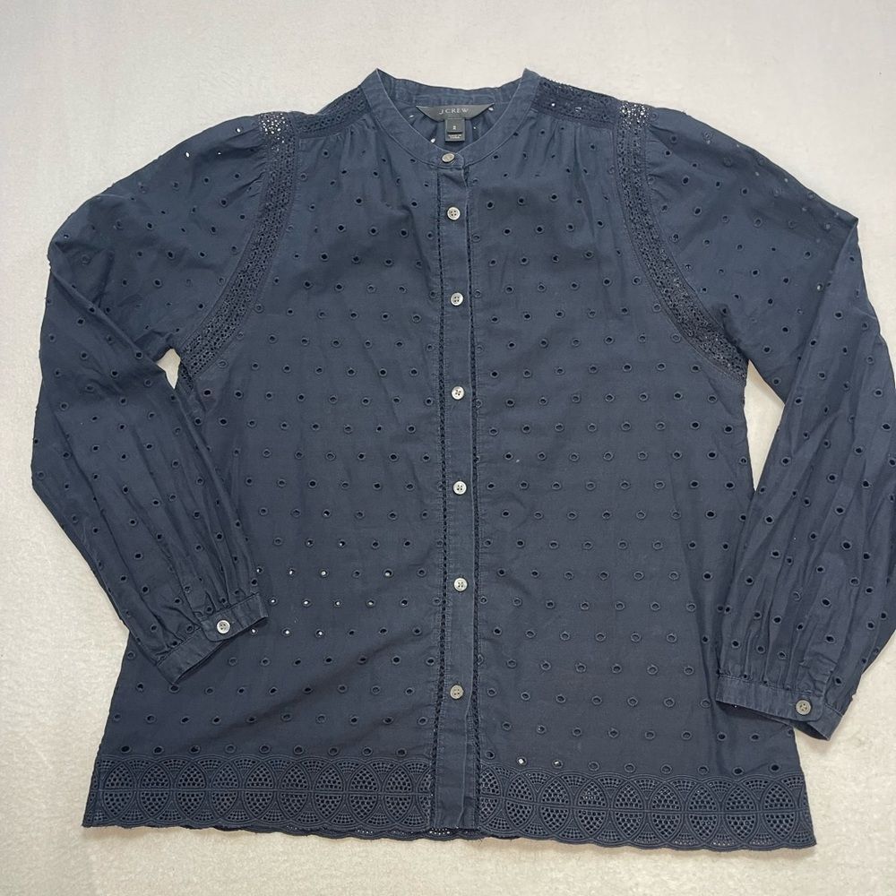 J.Crew Eyelet Blouse Size 2 Navy Blue Lace Trim Button Front Top